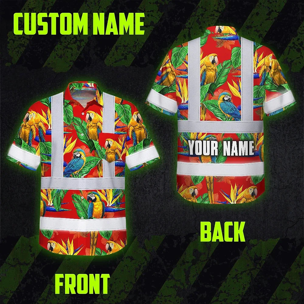 Hi Vis Hawaiian Shirt Reflective Tapes Red Neon Parrot Hawaii Custom Name Safety Workwear For Workers, Truckers, Operators