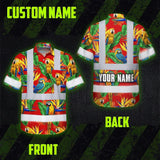 Hi Vis Hawaiian Shirt Reflective Tapes Red Neon Parrot Hawaii Custom Name Safety Workwear For Workers, Truckers, Operators