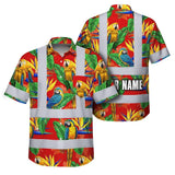 Hi Vis Hawaiian Shirt Reflective Tapes Red Neon Parrot Hawaii Custom Name Safety Workwear For Workers, Truckers, Operators