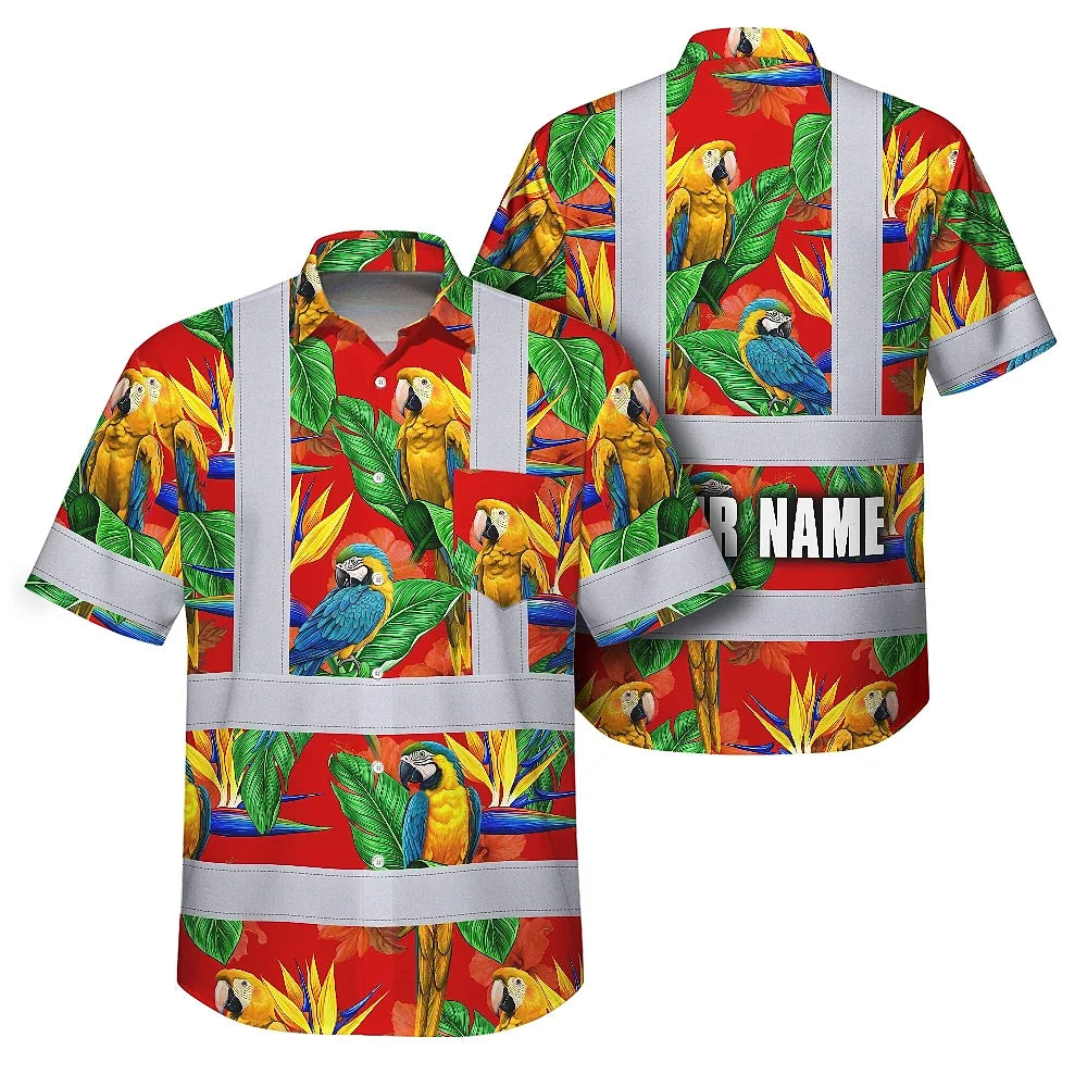 Hi Vis Hawaiian Shirt Reflective Tapes Red Neon Parrot Hawaii Custom Name Safety Workwear For Workers, Truckers, Operators