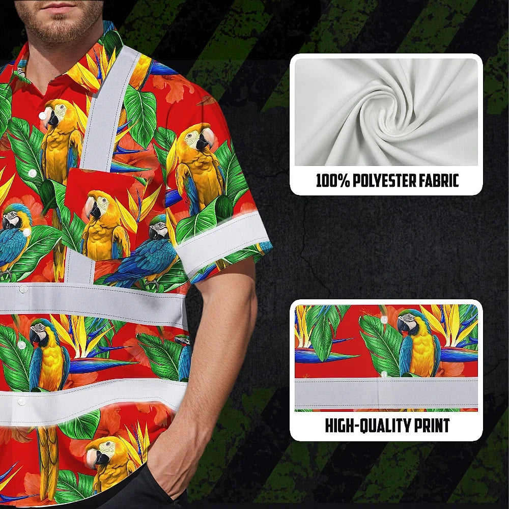 Hi Vis Hawaiian Shirt Reflective Tapes Red Neon Parrot Hawaii Custom Name Safety Workwear For Workers, Truckers, Operators