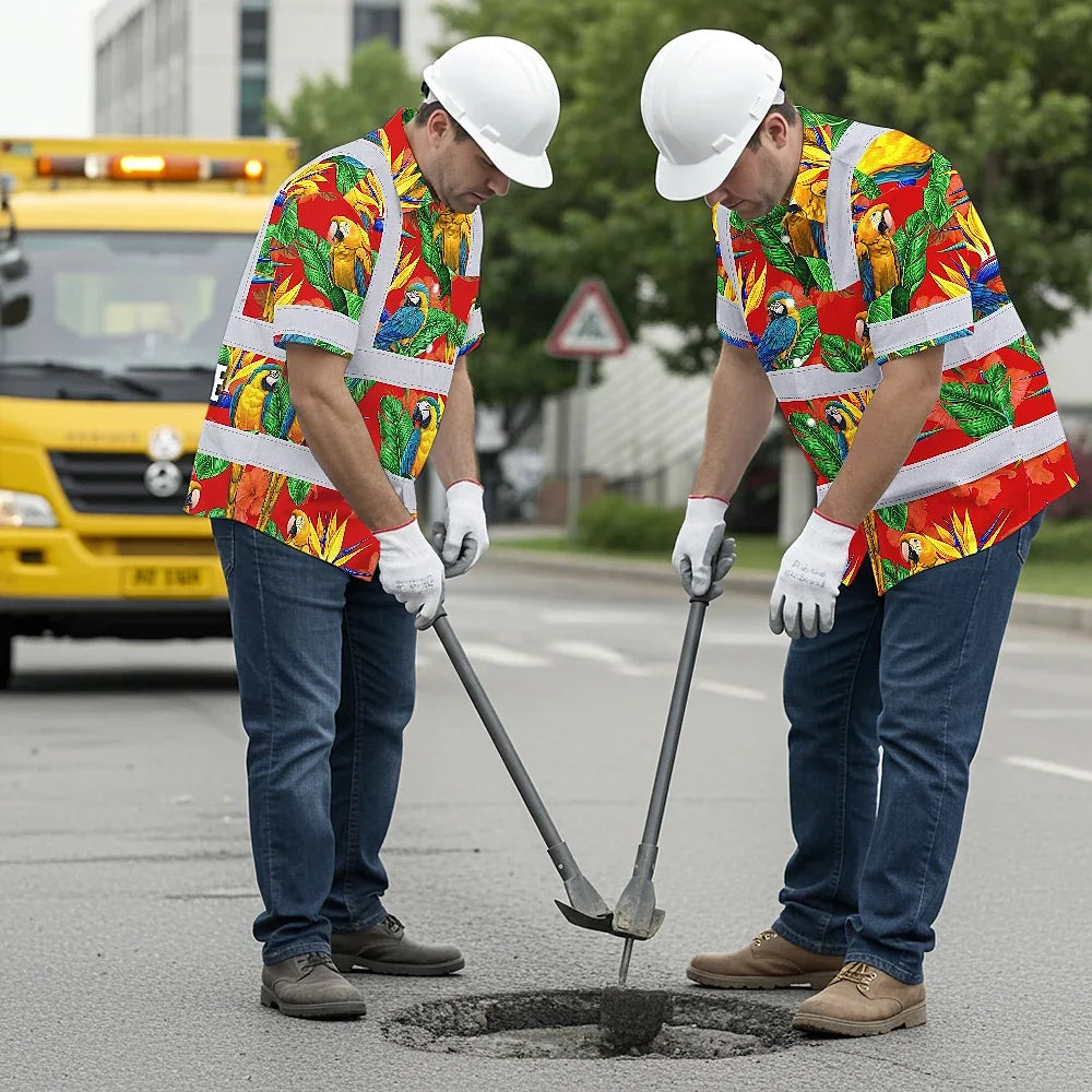 Hi Vis Hawaiian Shirt Reflective Tapes Red Neon Parrot Hawaii Custom Name Safety Workwear For Workers, Truckers, Operators