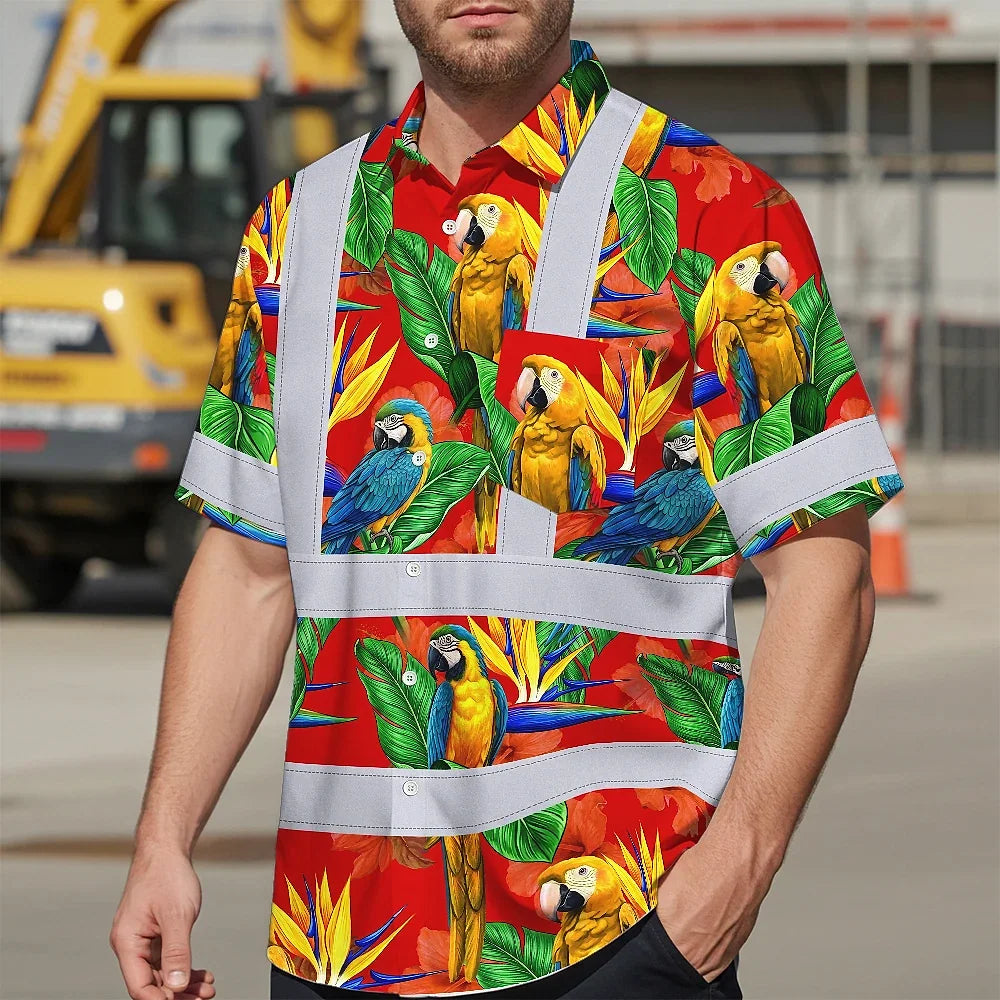 Hi Vis Hawaiian Shirt Reflective Tapes Red Neon Parrot Hawaii Custom Name Safety Workwear For Workers, Truckers, Operators