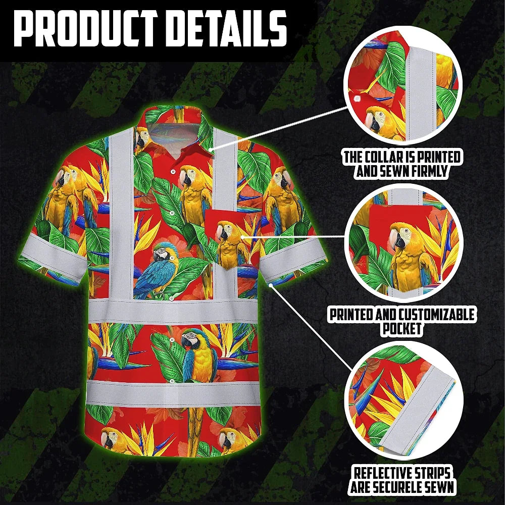 Hi Vis Hawaiian Shirt Reflective Tapes Red Neon Parrot Hawaii Custom Name Safety Workwear For Workers, Truckers, Operators