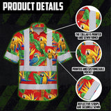 Hi Vis Hawaiian Shirt Reflective Tapes Red Neon Parrot Hawaii Custom Name Safety Workwear For Workers, Truckers, Operators