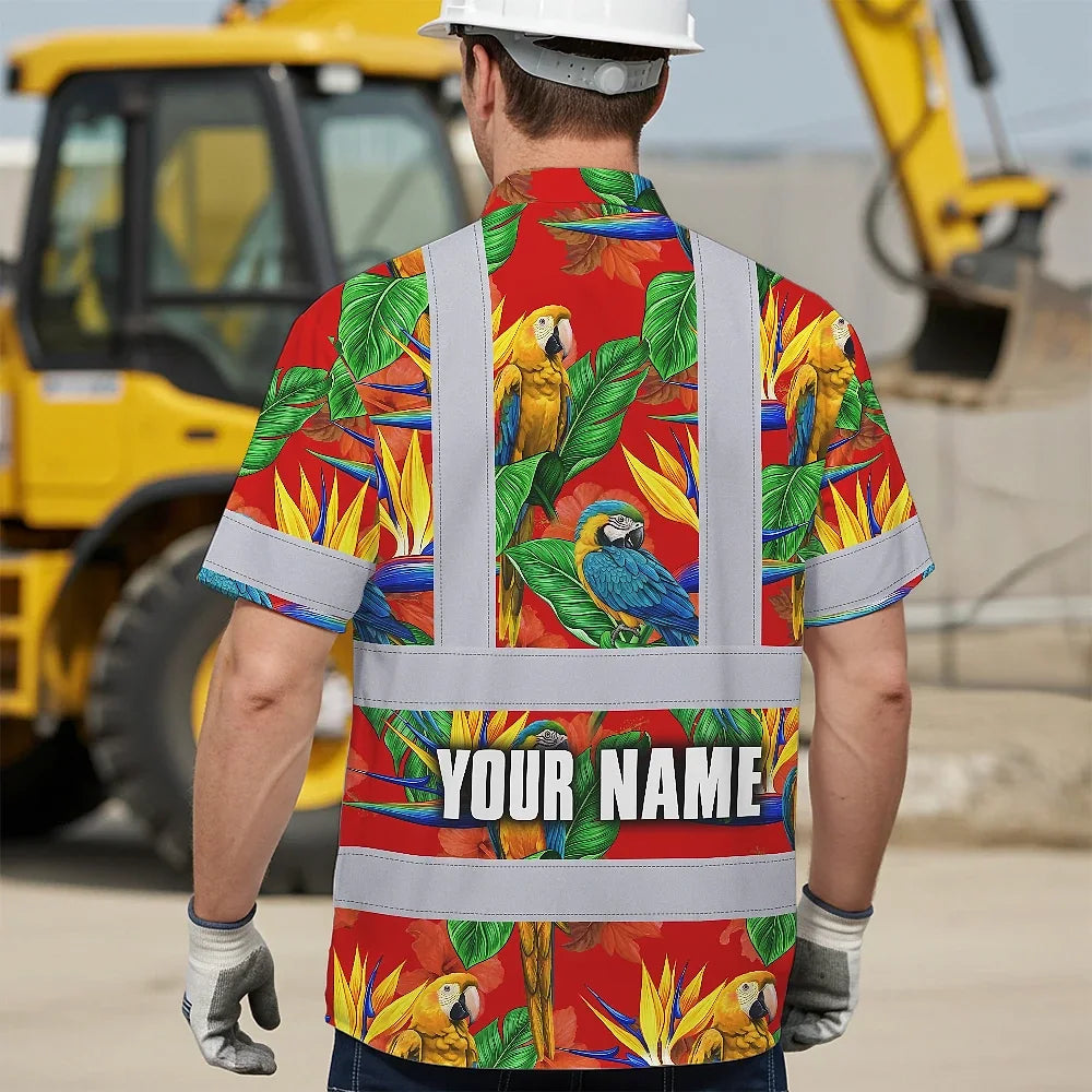 Hi Vis Hawaiian Shirt Reflective Tapes Red Neon Parrot Hawaii Custom Name Safety Workwear For Workers, Truckers, Operators