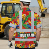 Hi Vis Hawaiian Shirt Reflective Tapes Red Neon Parrot Hawaii Custom Name Safety Workwear For Workers, Truckers, Operators