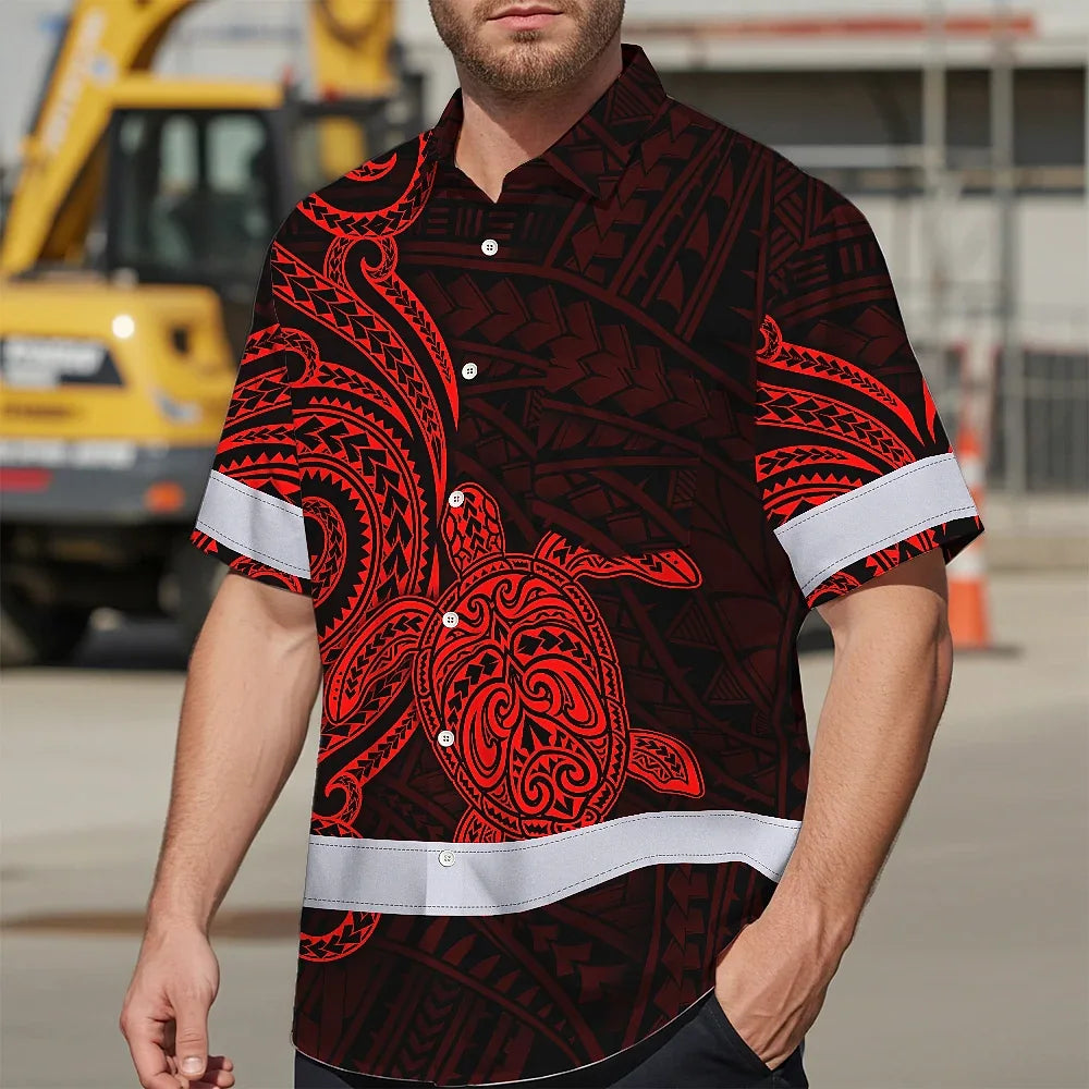 Hi Vis Hawaiian Shirt Reflective Tapes Red Neon Polynesian Custom Name Safety Workwear For Workers, Truckers, Operators