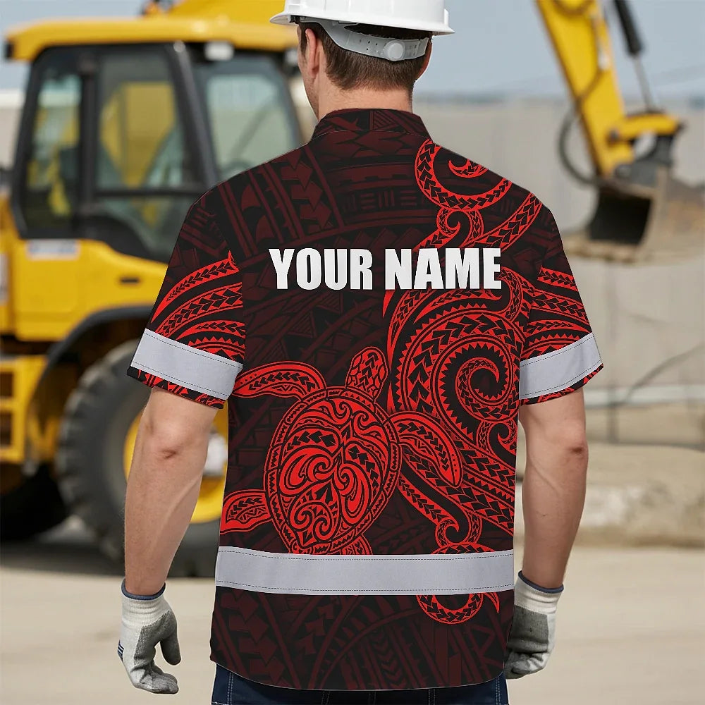 Hi Vis Hawaiian Shirt Reflective Tapes Red Neon Polynesian Custom Name Safety Workwear For Workers, Truckers, Operators
