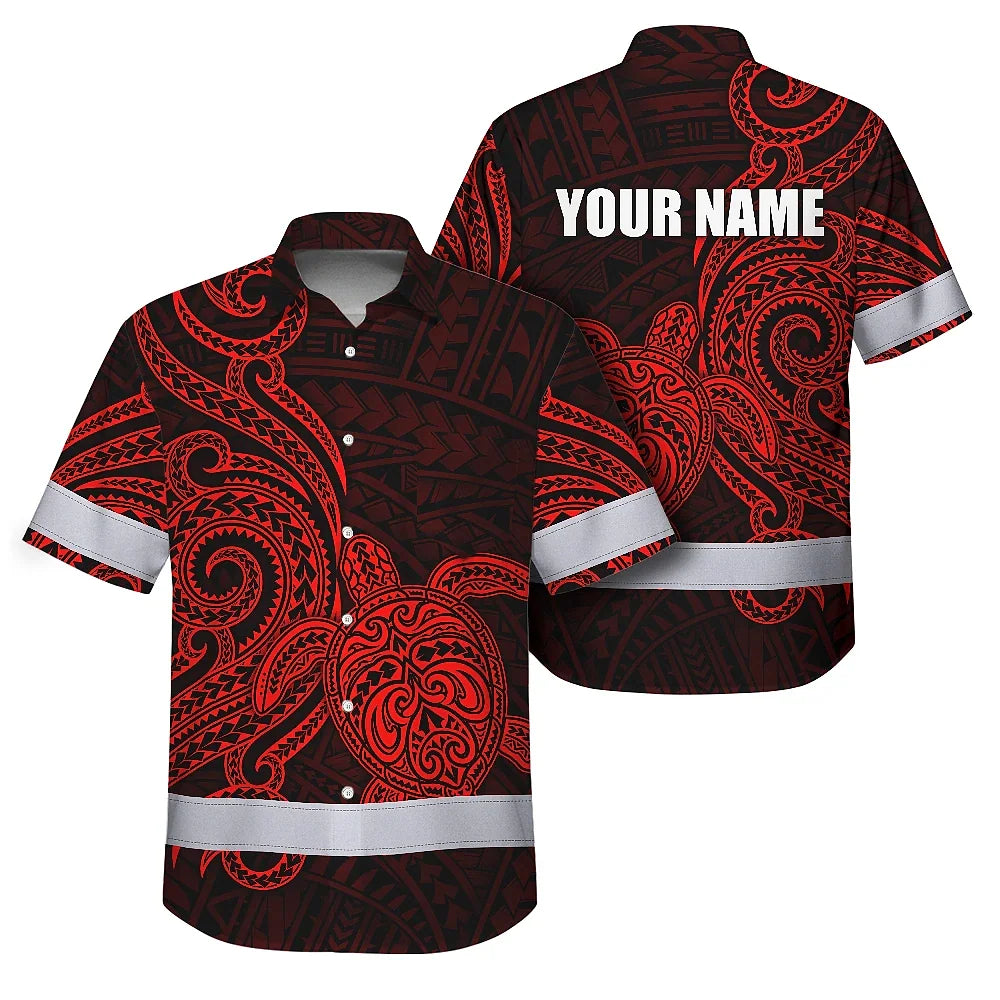 Hi Vis Hawaiian Shirt Reflective Tapes Red Neon Polynesian Custom Name Safety Workwear For Workers, Truckers, Operators