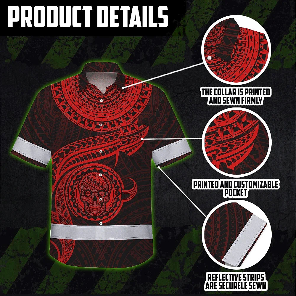 Hi Vis Hawaiian Shirt Reflective Tapes Red Neon Polynesian Skull Custom Name Safety Workwear For Workers, Truckers, Operators