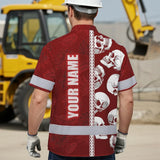 Hi Vis Hawaiian Shirt Reflective Tapes Red Neon Polynesian Skull Custom Name Safety Workwear For Workers, Truckers, Operators