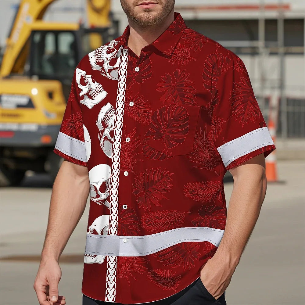 Hi Vis Hawaiian Shirt Reflective Tapes Red Neon Polynesian Skull Custom Name Safety Workwear For Workers, Truckers, Operators