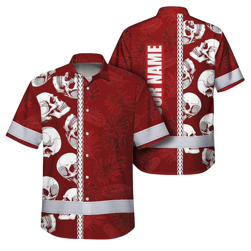 Hi Vis Hawaiian Shirt Reflective Tapes Red Neon Polynesian Skull Custom Name Safety Workwear For Workers, Truckers, Operators