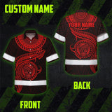 Hi Vis Hawaiian Shirt Reflective Tapes Red Neon Polynesian Skull Custom Name Safety Workwear For Workers, Truckers, Operators