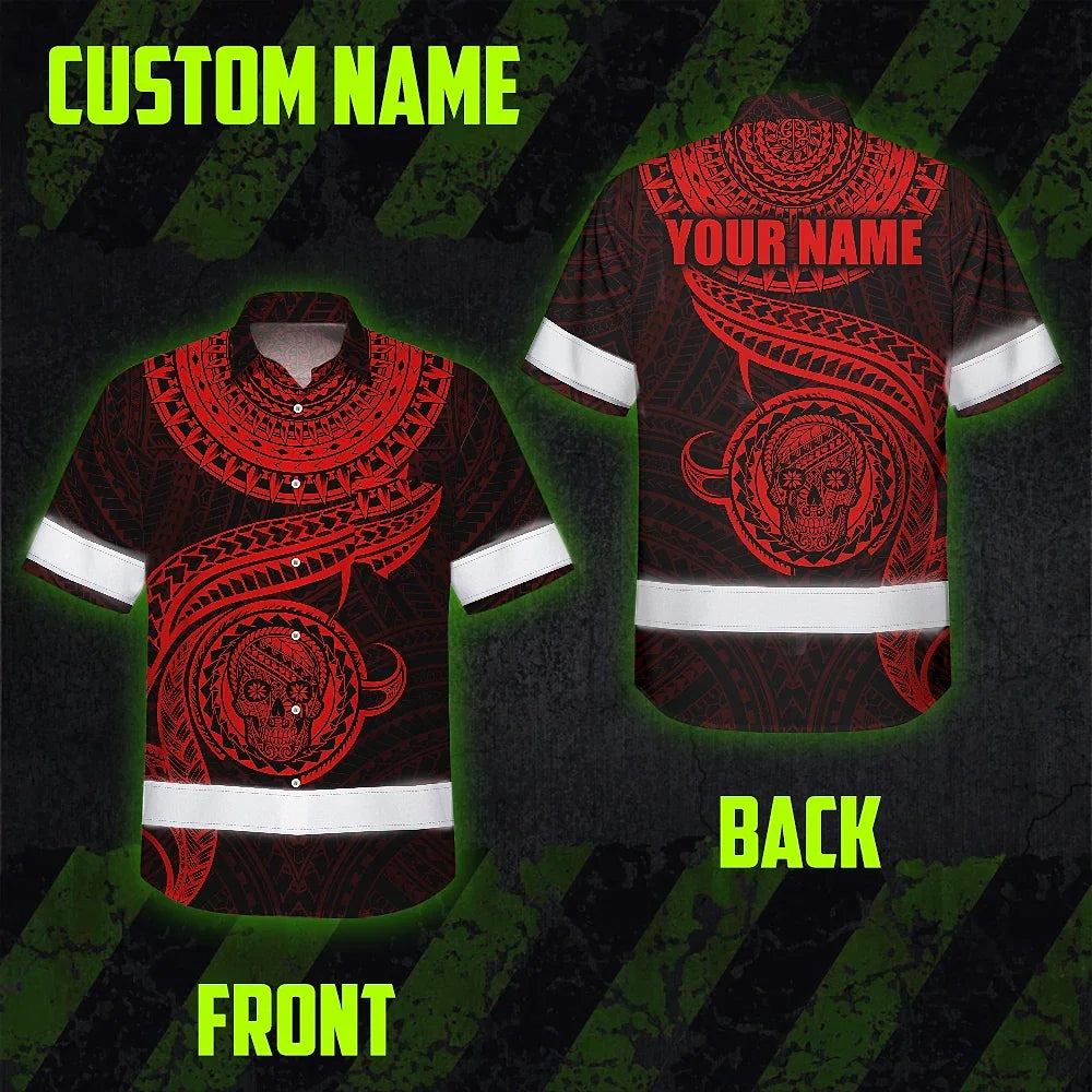 Hi Vis Hawaiian Shirt Reflective Tapes Red Neon Polynesian Skull Custom Name Safety Workwear For Workers, Truckers, Operators