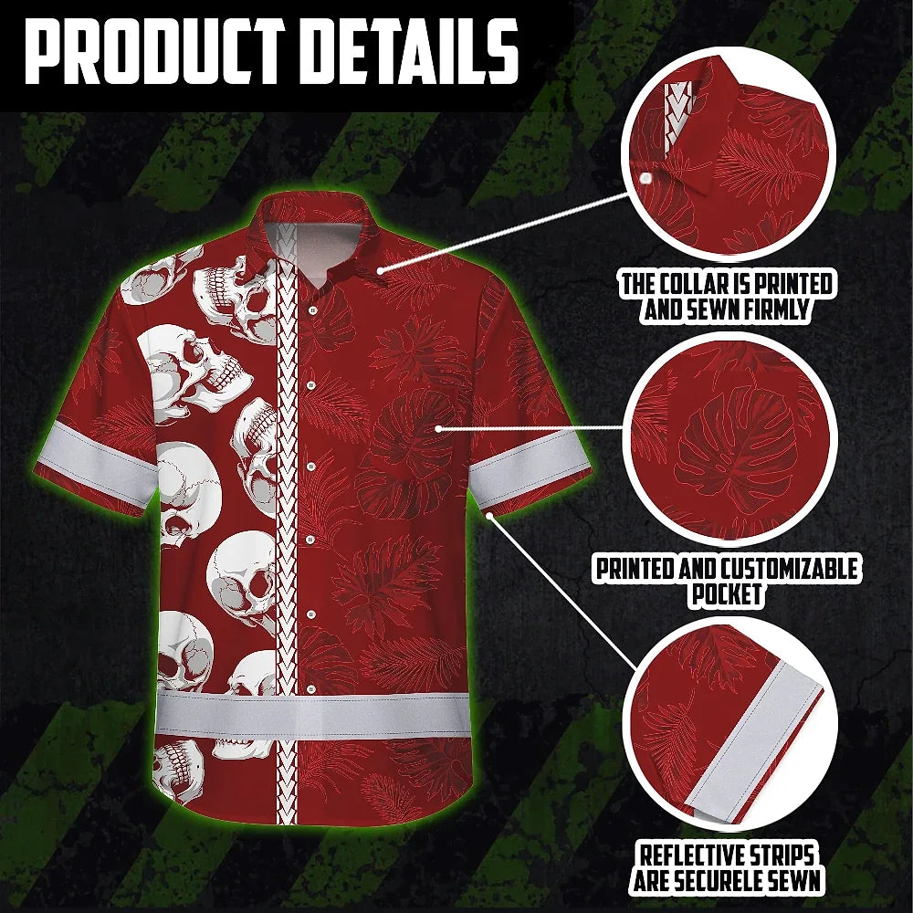 Hi Vis Hawaiian Shirt Reflective Tapes Red Neon Polynesian Skull Custom Name Safety Workwear For Workers, Truckers, Operators