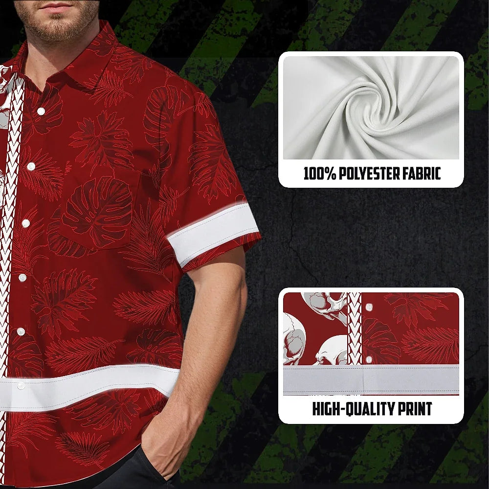 Hi Vis Hawaiian Shirt Reflective Tapes Red Neon Polynesian Skull Custom Name Safety Workwear For Workers, Truckers, Operators