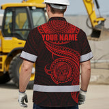 Hi Vis Hawaiian Shirt Reflective Tapes Red Neon Polynesian Skull Custom Name Safety Workwear For Workers, Truckers, Operators