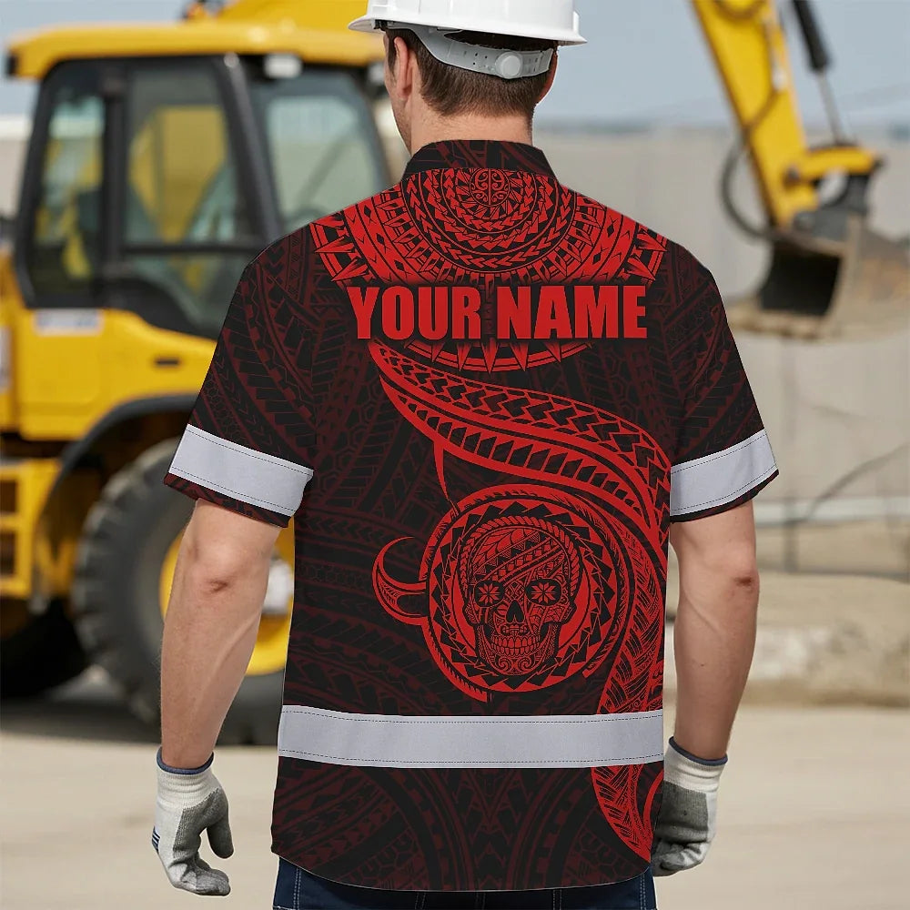Hi Vis Hawaiian Shirt Reflective Tapes Red Neon Polynesian Skull Custom Name Safety Workwear For Workers, Truckers, Operators