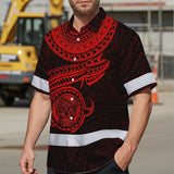 Hi Vis Hawaiian Shirt Reflective Tapes Red Neon Polynesian Skull Custom Name Safety Workwear For Workers, Truckers, Operators