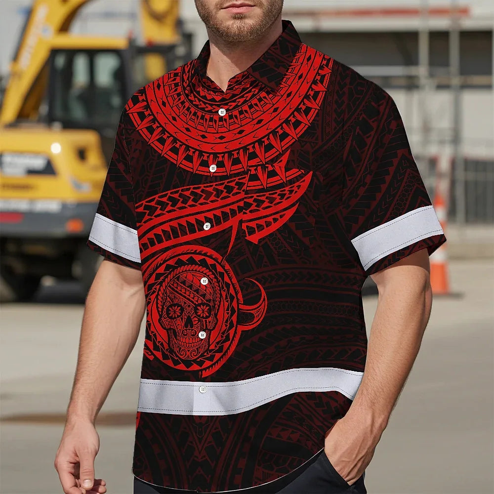 Hi Vis Hawaiian Shirt Reflective Tapes Red Neon Polynesian Skull Custom Name Safety Workwear For Workers, Truckers, Operators