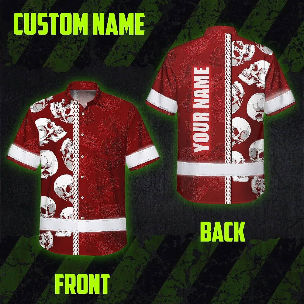 Hi Vis Hawaiian Shirt Reflective Tapes Red Neon Polynesian Skull Custom Name Safety Workwear For Workers, Truckers, Operators