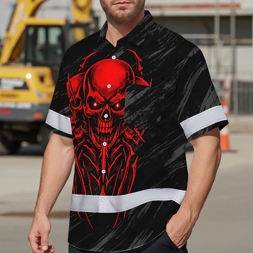 Hi Vis Hawaiian Shirt Reflective Tapes Red Neon Skull Custom Name Safety Workwear For Workers, Truckers, Operators