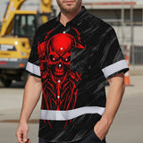 Hi Vis Hawaiian Shirt Reflective Tapes Red Neon Skull Custom Name Safety Workwear For Workers, Truckers, Operators