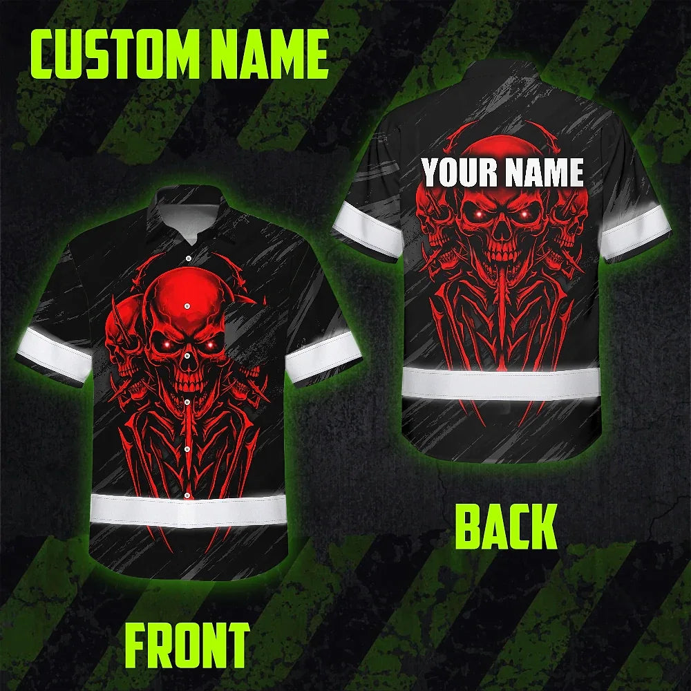 Hi Vis Hawaiian Shirt Reflective Tapes Red Neon Skull Custom Name Safety Workwear For Workers, Truckers, Operators