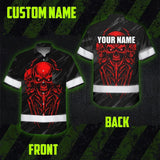 Hi Vis Hawaiian Shirt Reflective Tapes Red Neon Skull Custom Name Safety Workwear For Workers, Truckers, Operators