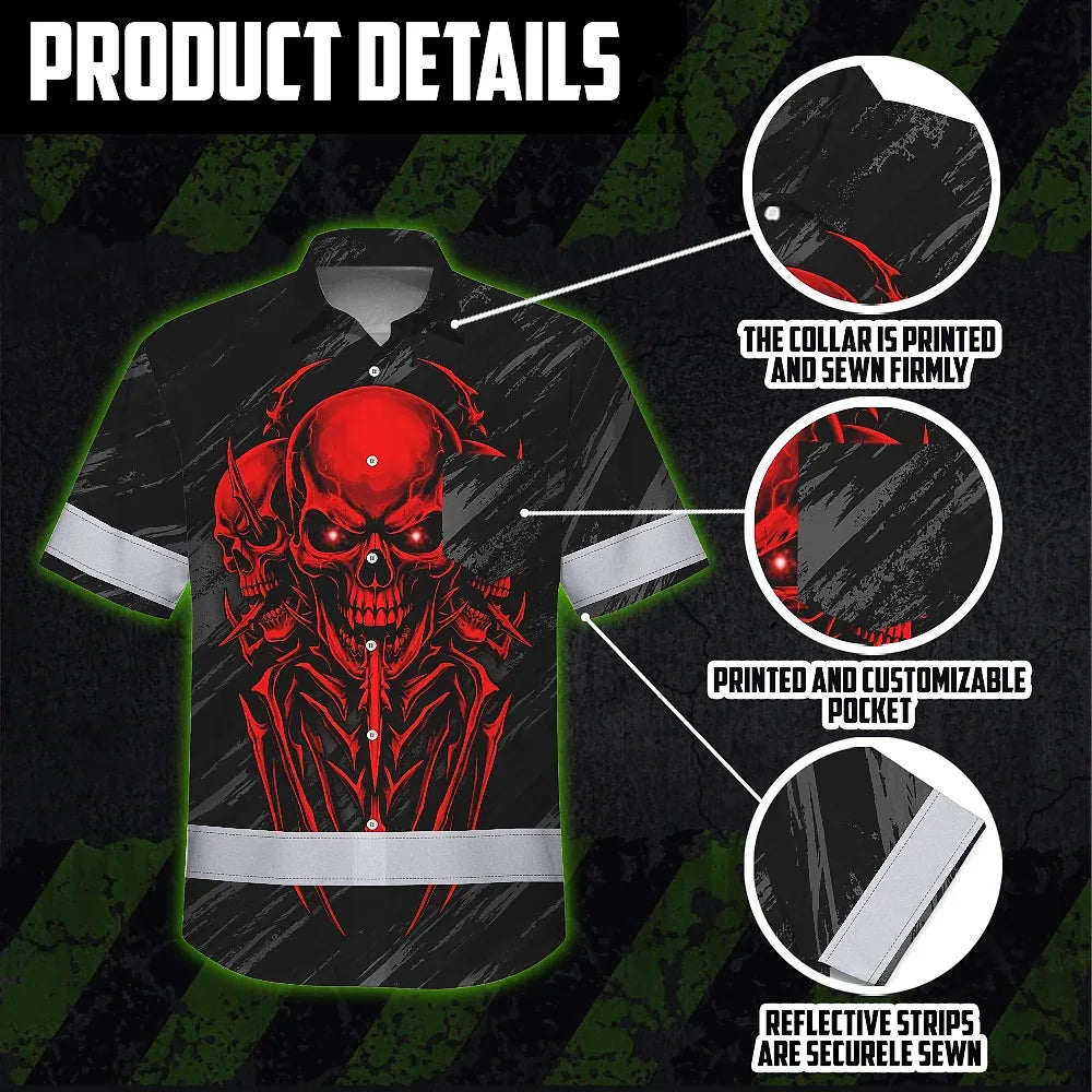 Hi Vis Hawaiian Shirt Reflective Tapes Red Neon Skull Custom Name Safety Workwear For Workers, Truckers, Operators