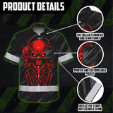 Hi Vis Hawaiian Shirt Reflective Tapes Red Neon Skull Custom Name Safety Workwear For Workers, Truckers, Operators