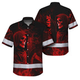 Hi Vis Hawaiian Shirt Reflective Tapes Red Neon Skull Custom Name Safety Workwear For Workers, Truckers, Operators