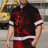 Hi Vis Hawaiian Shirt Reflective Tapes Red Neon Skull Custom Name Safety Workwear For Workers, Truckers, Operators