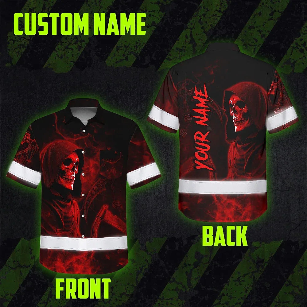 Hi Vis Hawaiian Shirt Reflective Tapes Red Neon Skull Custom Name Safety Workwear For Workers, Truckers, Operators