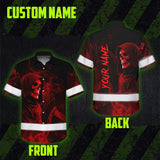 Hi Vis Hawaiian Shirt Reflective Tapes Red Neon Skull Custom Name Safety Workwear For Workers, Truckers, Operators
