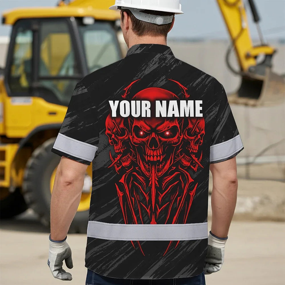 Hi Vis Hawaiian Shirt Reflective Tapes Red Neon Skull Custom Name Safety Workwear For Workers, Truckers, Operators