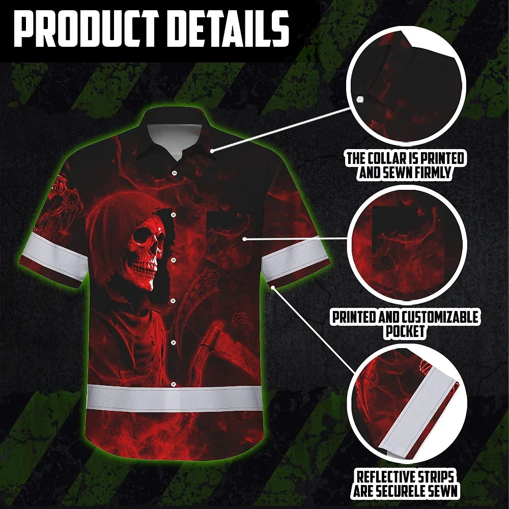 Hi Vis Hawaiian Shirt Reflective Tapes Red Neon Skull Custom Name Safety Workwear For Workers, Truckers, Operators