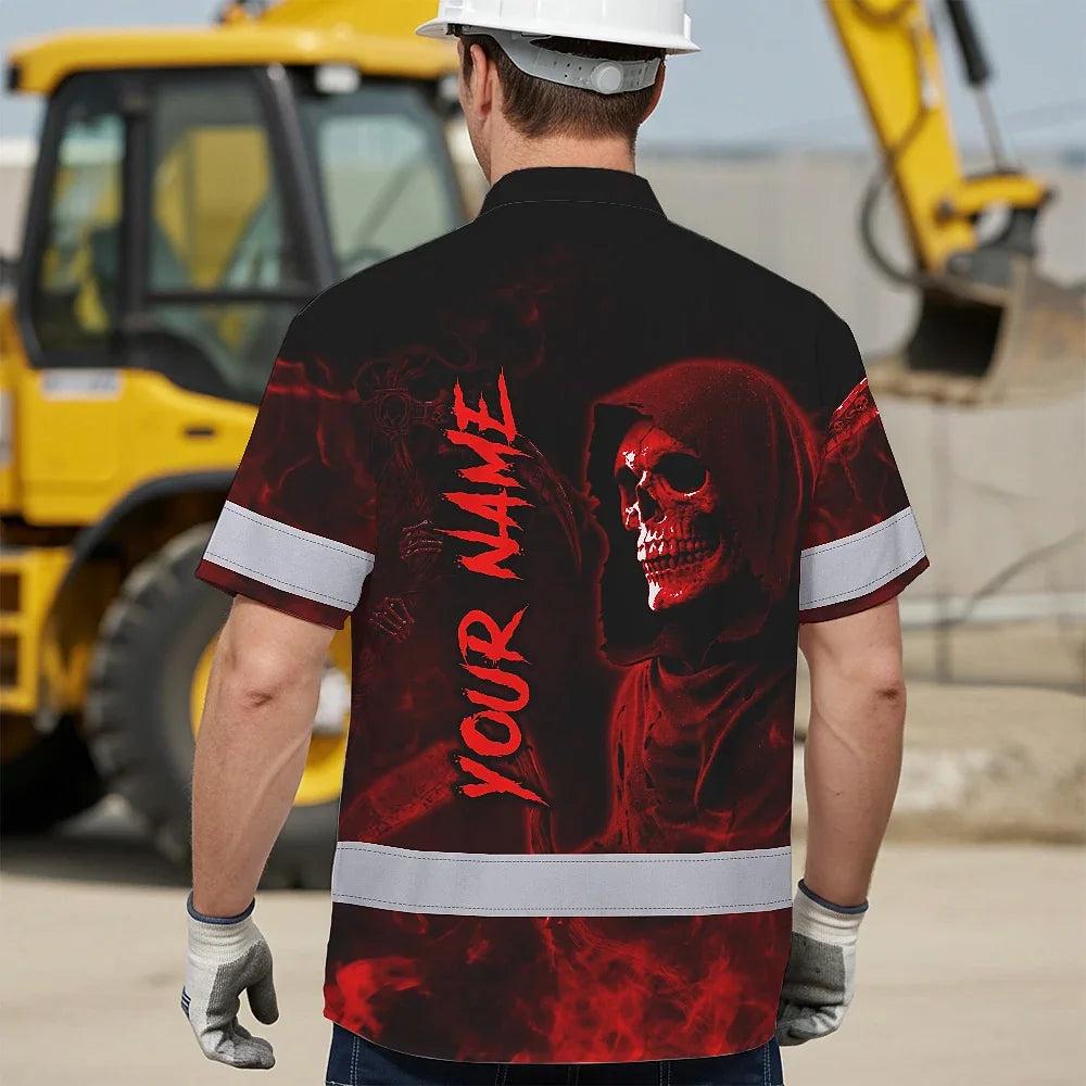 Hi Vis Hawaiian Shirt Reflective Tapes Red Neon Skull Custom Name Safety Workwear For Workers, Truckers, Operators