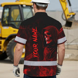 Hi Vis Hawaiian Shirt Reflective Tapes Red Neon Skull Custom Name Safety Workwear For Workers, Truckers, Operators