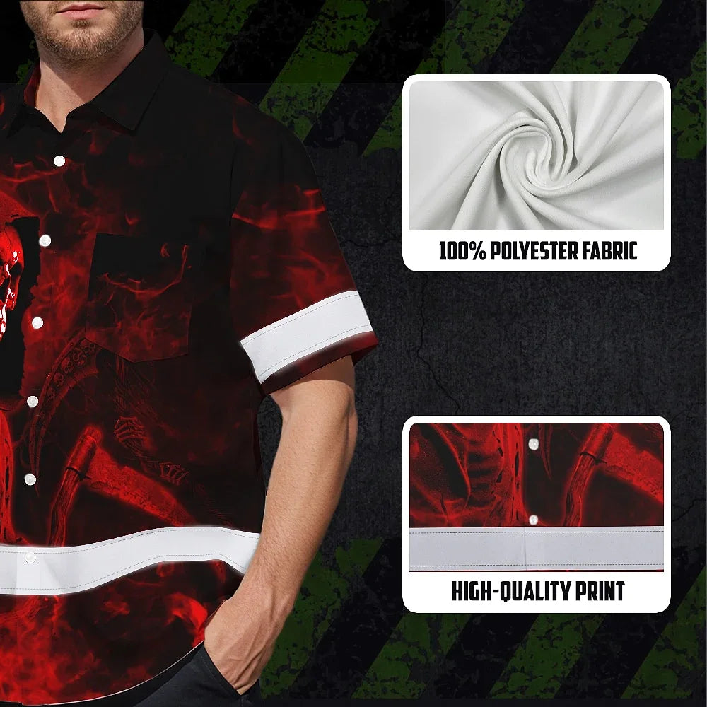 Hi Vis Hawaiian Shirt Reflective Tapes Red Neon Skull Custom Name Safety Workwear For Workers, Truckers, Operators
