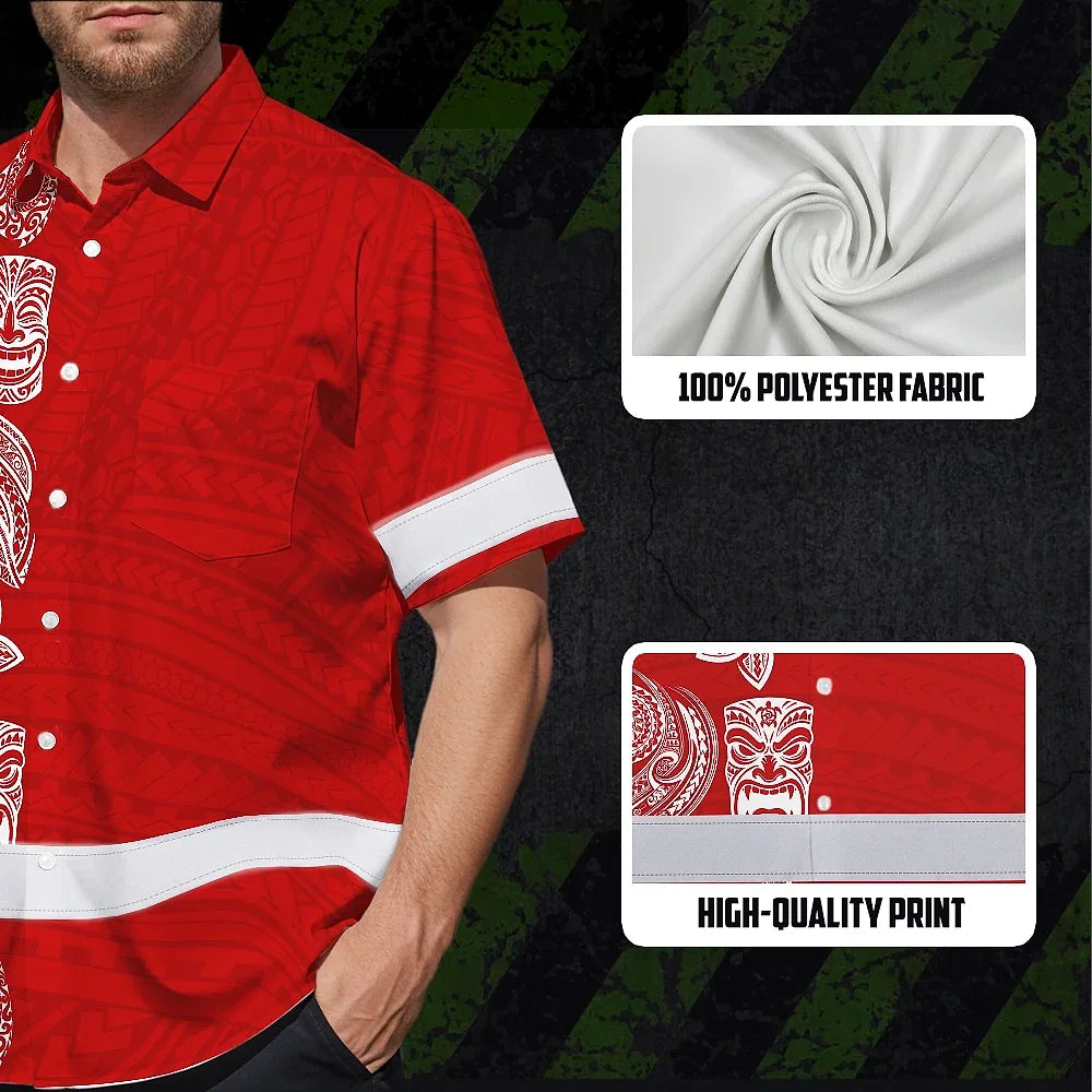 Hi Vis Hawaiian Shirt Reflective Tapes Red Neon Tiki Custom Name Safety Workwear For Workers, Truckers, Operators