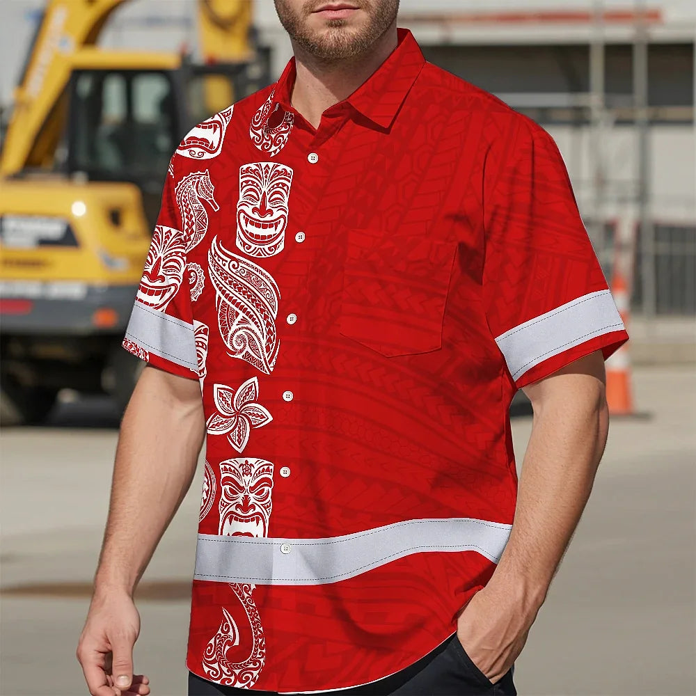 Hi Vis Hawaiian Shirt Reflective Tapes Red Neon Tiki Custom Name Safety Workwear For Workers, Truckers, Operators