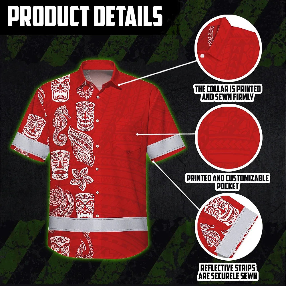 Hi Vis Hawaiian Shirt Reflective Tapes Red Neon Tiki Custom Name Safety Workwear For Workers, Truckers, Operators