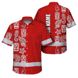 Hi Vis Hawaiian Shirt Reflective Tapes Red Neon Tiki Custom Name Safety Workwear For Workers, Truckers, Operators