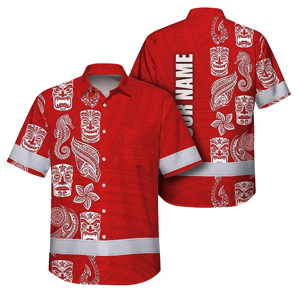 Hi Vis Hawaiian Shirt Reflective Tapes Red Neon Tiki Custom Name Safety Workwear For Workers, Truckers, Operators