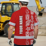 Hi Vis Hawaiian Shirt Reflective Tapes Red Neon Tiki Custom Name Safety Workwear For Workers, Truckers, Operators
