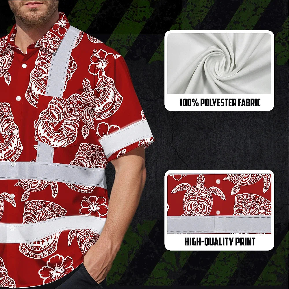 Hi Vis Hawaiian Shirt Reflective Tapes Red Neon Tiki Custom Name Safety Workwear For Workers, Truckers, Operators