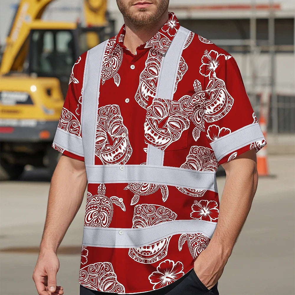 Hi Vis Hawaiian Shirt Reflective Tapes Red Neon Tiki Custom Name Safety Workwear For Workers, Truckers, Operators